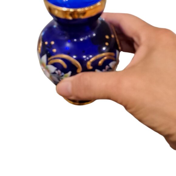 Vintage Mini Cobalt Blue Glass Vase, Gold Trim, 3D Hand painted Floral Design - Picture 8 of 10
